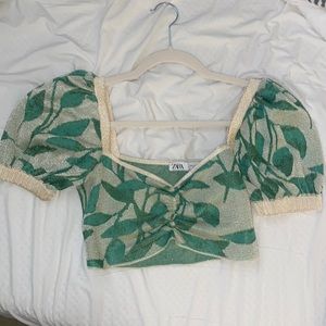 Zara Crop Leaf Patterned Puff Sleeve Ruched Top